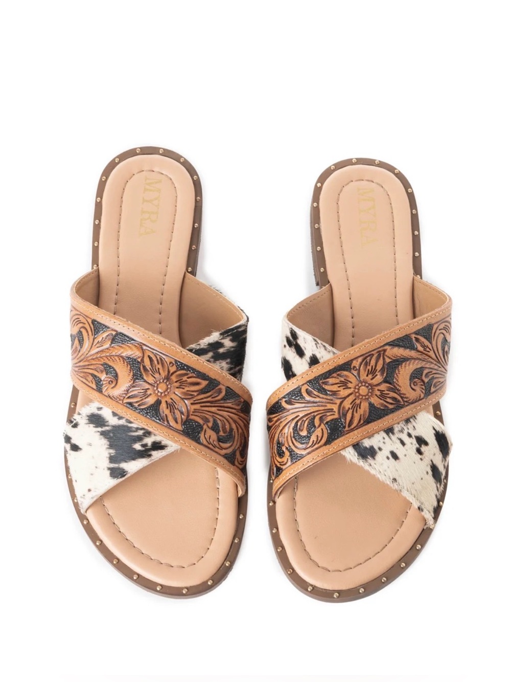 Western Sandals Tan Floral Tooled Cowhide Crossband Slide Sandals